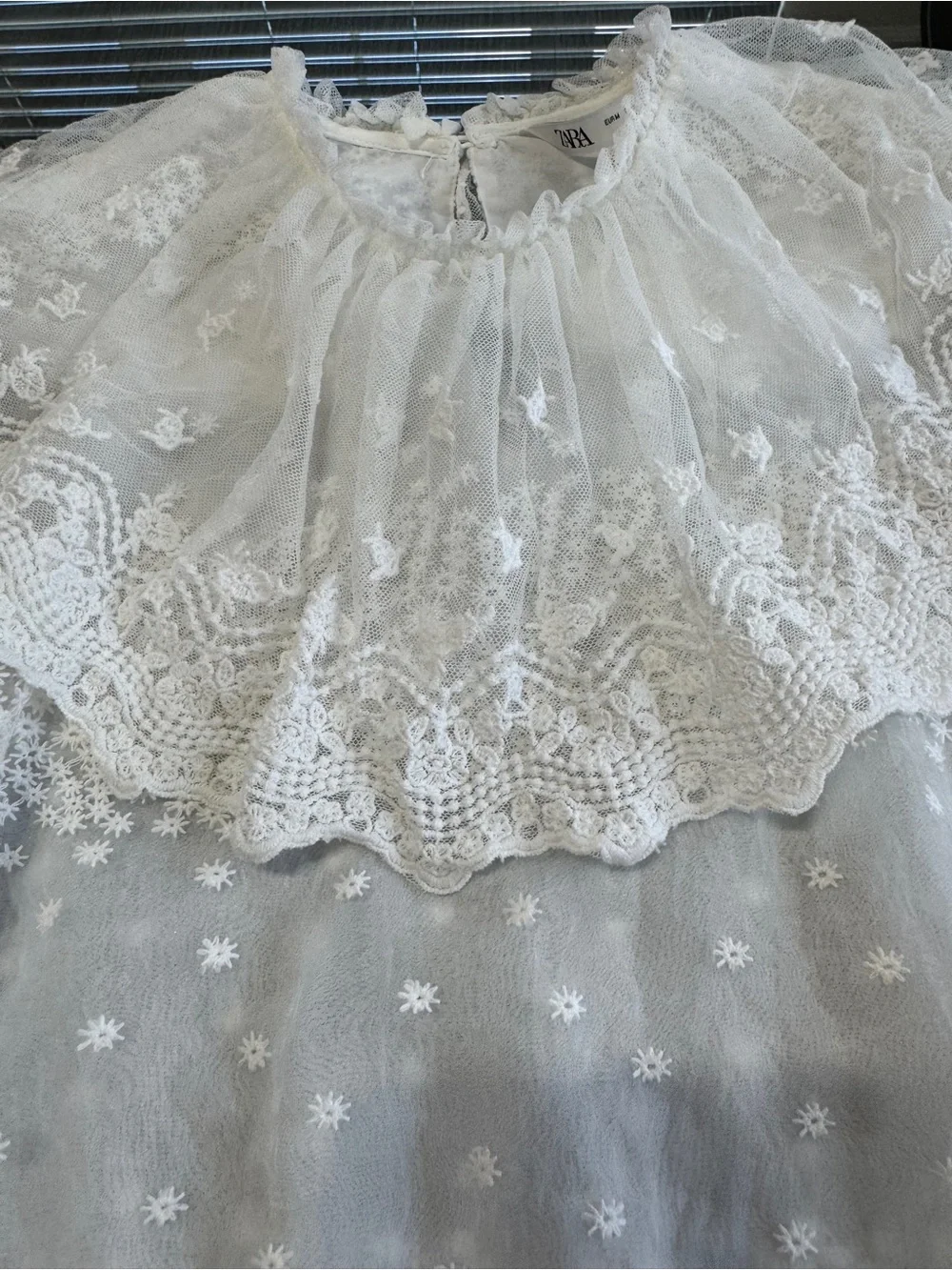 Zara White Sheer Lace Ruffle-Neck Blouse